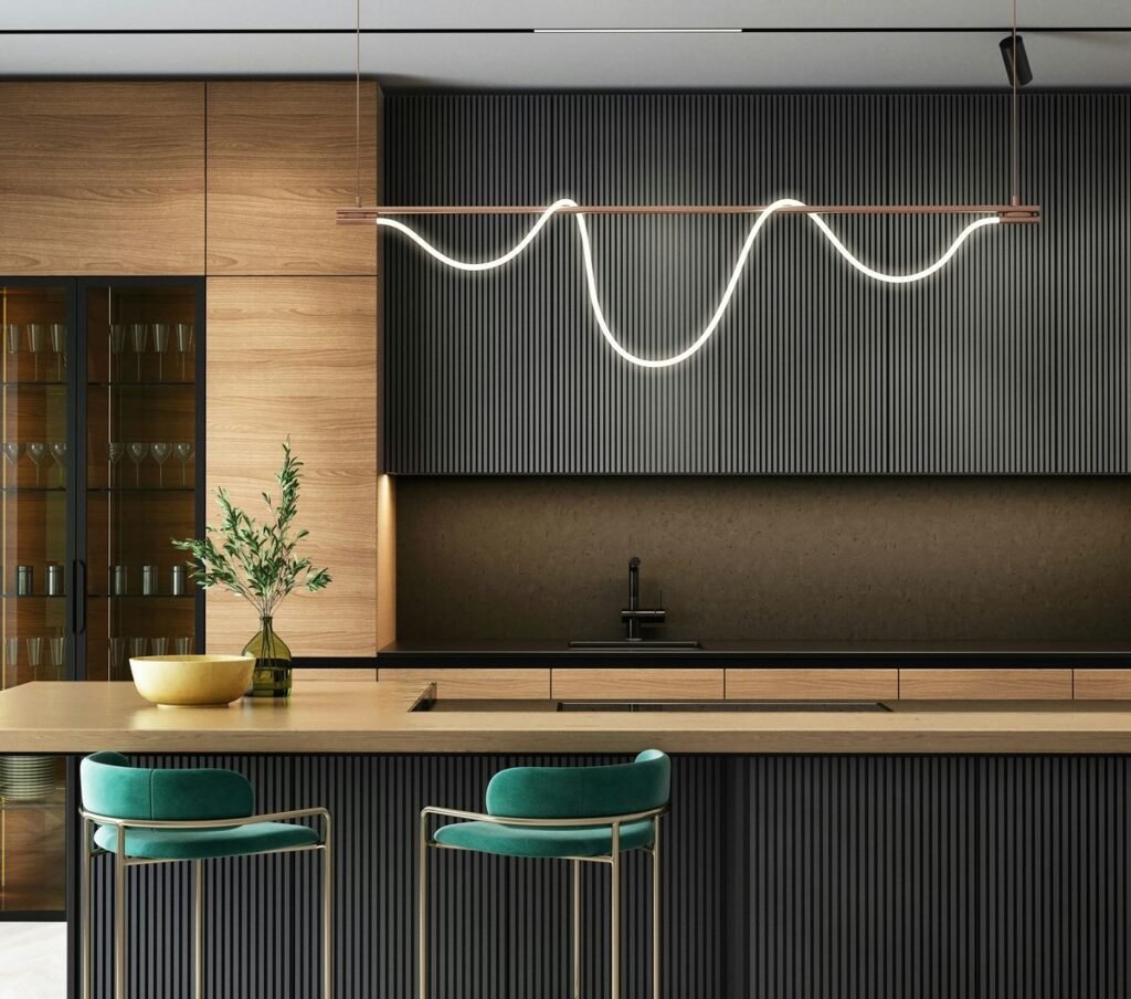 Sophisticated modern kitchen for LOA lifestyle, with combination of wood, glass and high-end materials.
