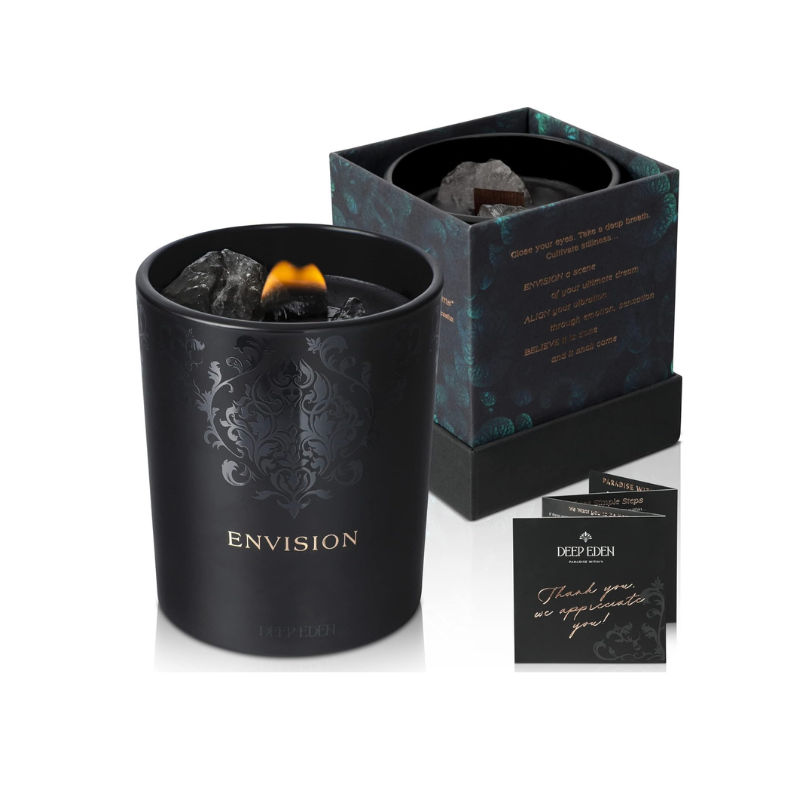 Black Orchid & Pine Moss Scented Crystal Candle - Luxury Manifestation Candle with Smoky Quartz and Clear Quartz Crystals