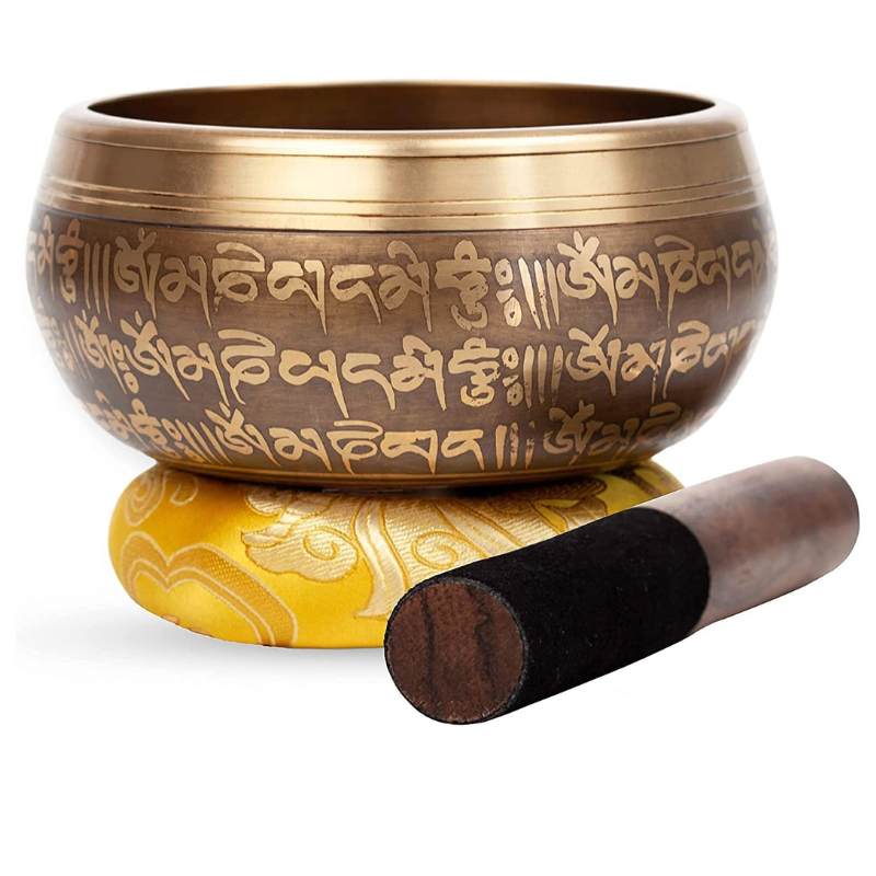 Large Tibetan Singing bowl Set - Bronze Style - Easy To Play - 5" Sound Yoga Bowl Mantra Design Mindfulness Meditation