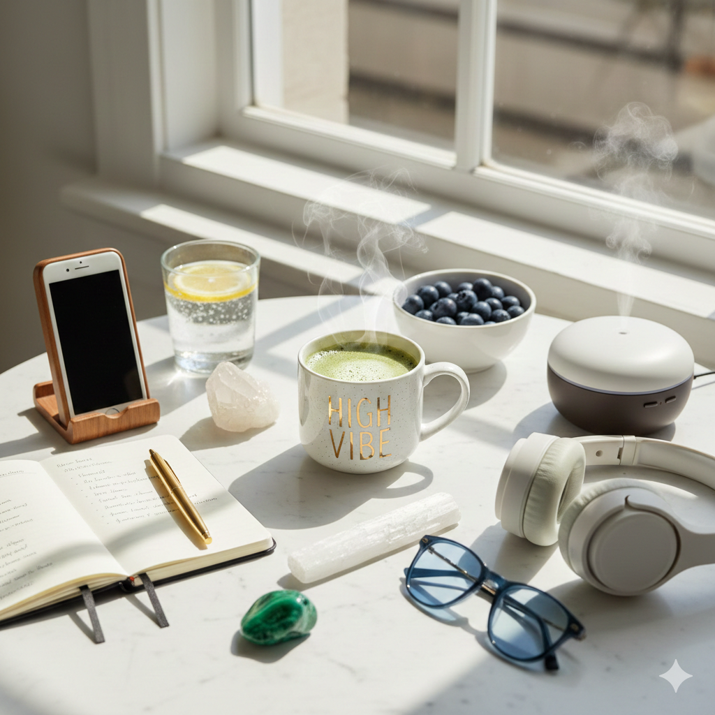 Photo of essentials for manifesting, a photo for my blog post starter kit for manifestation for beginners.